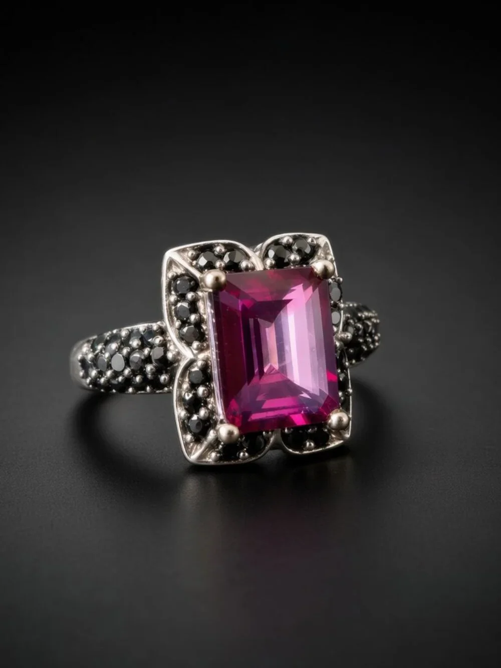 STS 925 Ring Sterling Silver Emerald Cut Light Purple and Black Gemstone Halo